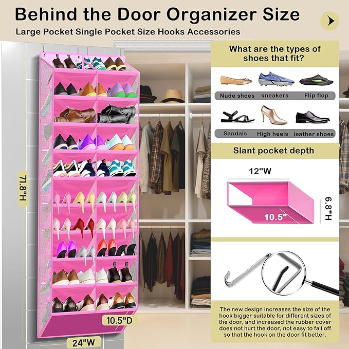 10-Tier Over the Door Shoe Organizer, 20 Pockets Holds 20-30 Pairs, Heavy-Duty Oxford Fabric with Hexagon Mesh for Boots & Sneakers- Pink