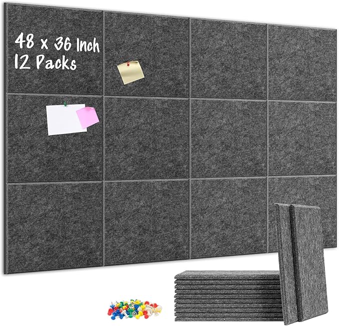DOLLAR BOSS Large Cork Board for Wall 48" x 36" x 0.5" Bulletin Board 12 Packs Corkboard Tiles Self Adhesive Felt Wall Tiles for Office Home School, Dark Grey