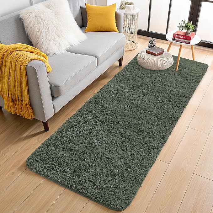 OLANLY 2x6 Machine Washable Runner Rugs for Hallway, Soft Fluffy Shaggy Bedside Rugs for Bedroom, Living Room, Indoor Floor Carpet for Kids Girls and Boys, Home Decor Aesthetic, Olive Green
