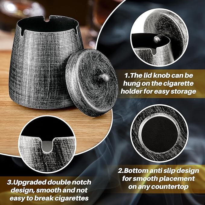Ashtray for Cigarettes Outdoor, Outdoor Ashtray with Lid for Cigarette, Metal Odorless Windproof Smokeless Ash Tray for Patio Home Office Tabletop Balcony