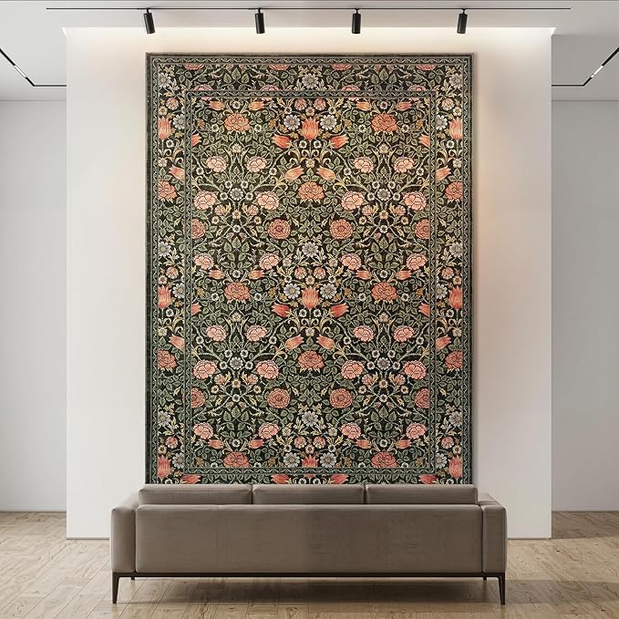 GarveeHome Dark Green Vintage Floral Washable 8x10 Area Rugs for Living Room Boho Botanical Retro Rug Low Pile Stain Resistance Non Slip Carpet for Bedroom Nursery Dining Room