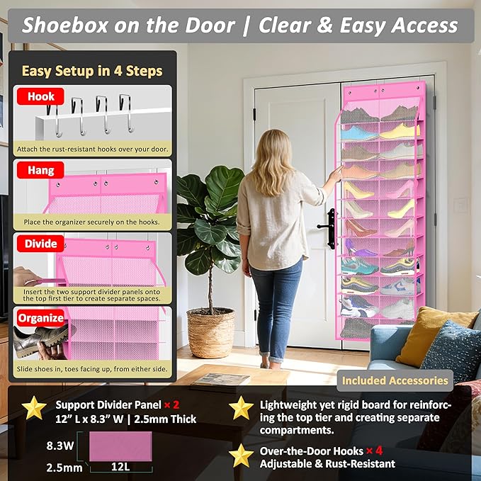 24-Pair Over Door Shoe Organizer for Family & Kids, Double Sided | Hanging Storage for Sneakers, Boots, Toys & Room OrganizationRose Quartz