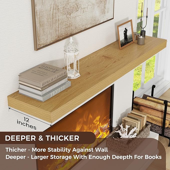 Venusmiles Floating Shelves for Wall, 72 Inch Wide x 12 Inch Deep Floating Shelves, Long Wood Floating Wall Shelf Shelves for Living Room Bathroom Bedroom Kitchen Home - (Oak, 72" W x 12" D x 2" H)