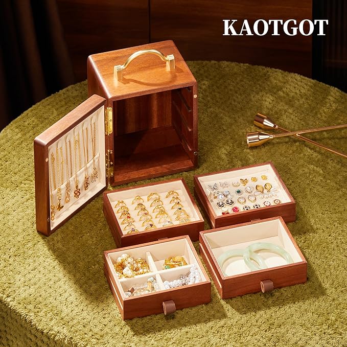 Wooden Jewelry Box for Women 4 Tier Walnut Wooden Jewelry Box with handle (Butterfly Prints B)