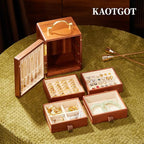 Wooden Jewelry Box for Women 4 Tier Walnut Wooden Jewelry Box with handle (Flower and butterfly prints B)