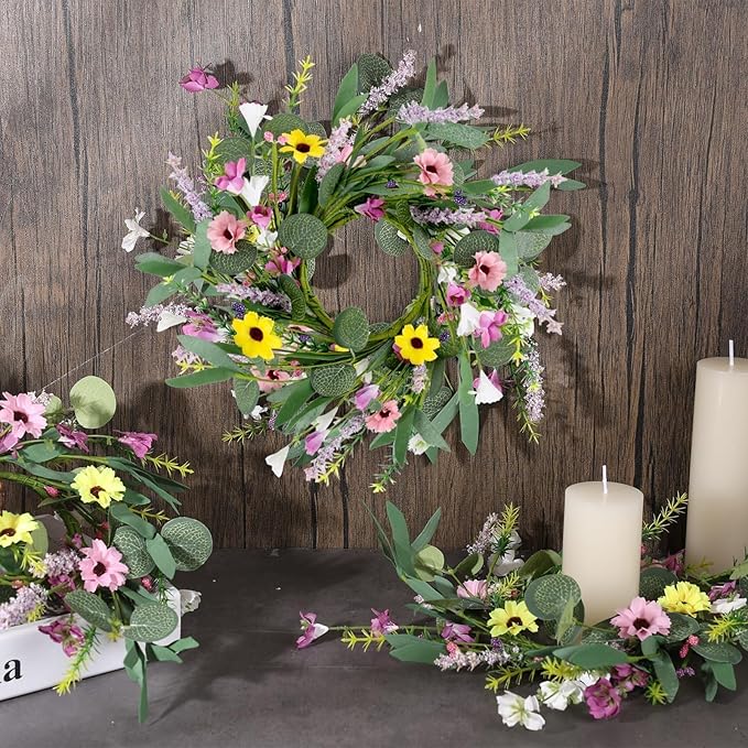 12 Pcs 3inch Spring Summer Artificial Flowered Wreath Mini Floral Wedding Candle Rings Wreaths Kitchen Cabinet Swags Wreath Pillar Candle Holder for Wedding Spring Summer Home Door Tabletop Decoration