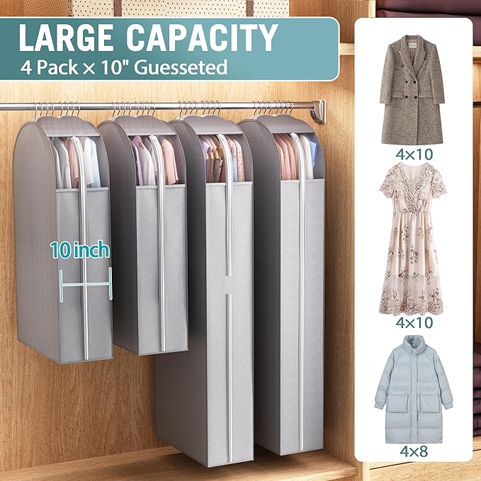 10" Gusseted Garment Bags for Hanging Clothes with clear window, (40&60") Suit Bags for Open Closet Storage, Clothing Cover for Coat, Dress, Jacket, Shirt, Fur Wardrobe Protector, 3 Packs
