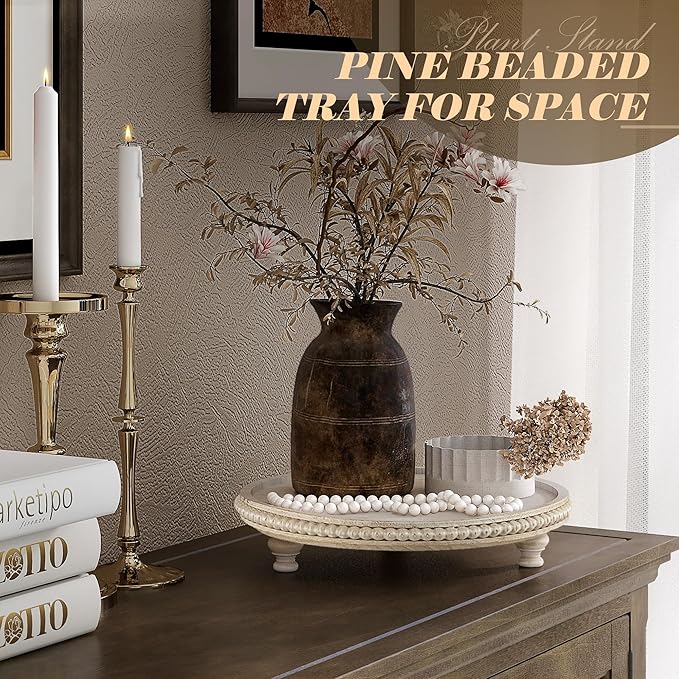 EOSAHR Rustic Round Pine Wooden Display Riser – Farmhouse Beaded Wooden Trays For Decor, Plant Stand & Coffee Table – Display Risers for Room Decor & Kitchen Organizer (Light-Natural)