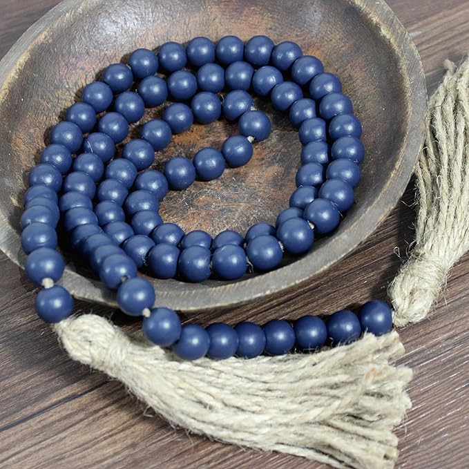 Farmhouse Decor Beads 59in Wooden Bead Garland with Tassels Rustic Coastal Room Accent Halloween Decorations for Home Wall Hanging Kitchen Island Table Mantle Shelf Country Decor, Navy Blue
