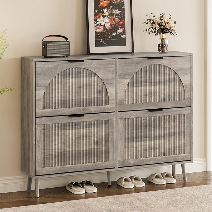 Shoe Cabinet for Entryway with 4 Flip Drawers, Slim Wooden Shoe Storage Organizer with Modern Fluted Pannel，Freestanding Narrow Hidden Shoe Rack for Hallway, Foyer, Living Room