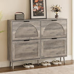 Shoe Cabinet for Entryway with 4 Flip Drawers, Slim Wooden Shoe Storage Organizer with Modern Fluted Pannel，Freestanding Narrow Hidden Shoe Rack for Hallway, Foyer, Living Room