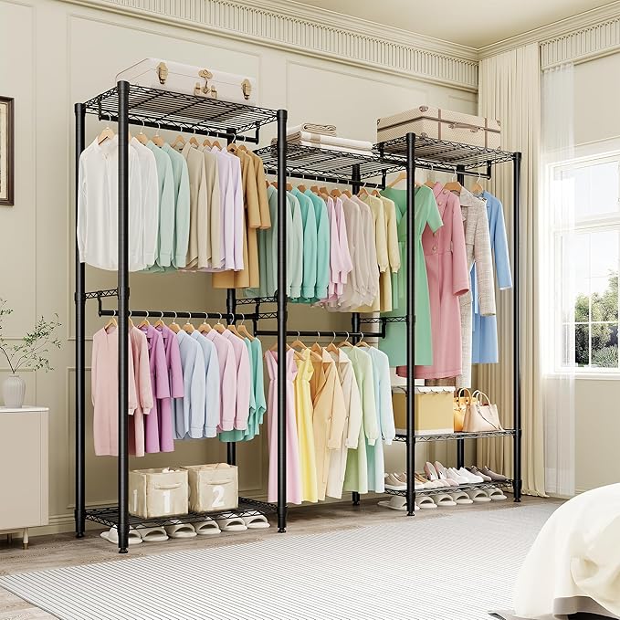 Heavy Duty Clothes Rack,Load 1433LBS Garment Rack Portable Closet,Free Standing Closet Organizers and storage with Adjustable Shelves, Hanging Rods, Dividable Black 76.5"H x 67.6"L x 15.5"W