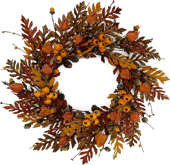 WreathDream 20 inch Fall Wreath Autumn Oak Leaves Wreath with Cape Gooseberry,Oak Leaf,Acorn,Berry,Pine Cone for Front Door Farmhouse Indoor Outdoor Festival Home Decor