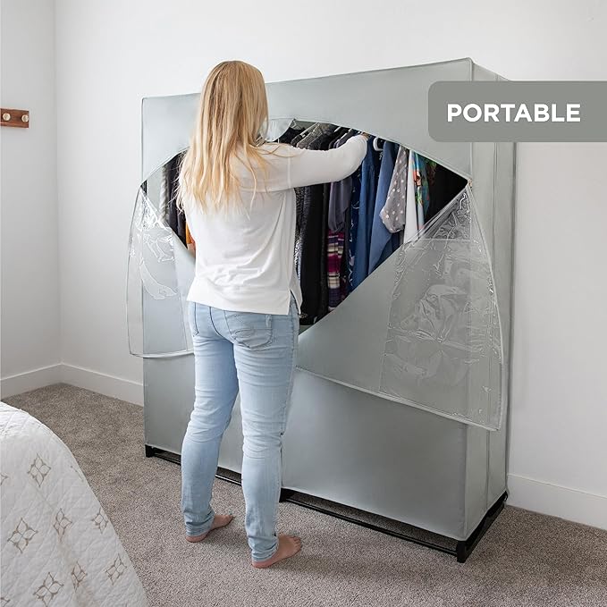 HOLDN’ STORAGE Portable Wardrobe Closet - 65 lb Large Capacity, Internal Heavy Duty Metal Rod, Zipper & Clear Window, Durable Clothes Organizer, Tool-Free Easy Assembly, Gray Canvas Cover