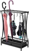 MyGift Modern Black Metal Umbrella Rack with 21 Slots and 12 Hooks and Removable Base Drip Tray