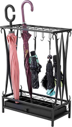 MyGift Modern Black Metal Umbrella Rack with 21 Slots and 12 Hooks and Removable Base Drip Tray