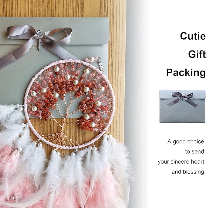 Dream Catchers, Pink Dream Catcher Tree of Life Wall Decor, with Natural Healing Crystal Stone, Perfect Rose Agate Handmade Dreamlike Dream Catcher for Girls Bedroom Decor Art Craft Gift