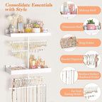 Keebofly Wall Mounted Jewelry Organizer with 2 Tired Shelves & Ring Holder- Jewelry Holder Wall Storage Display for Earrings, Necklace, Bracelet, Hair Accessories for girls in Bathroom Bedroom, White