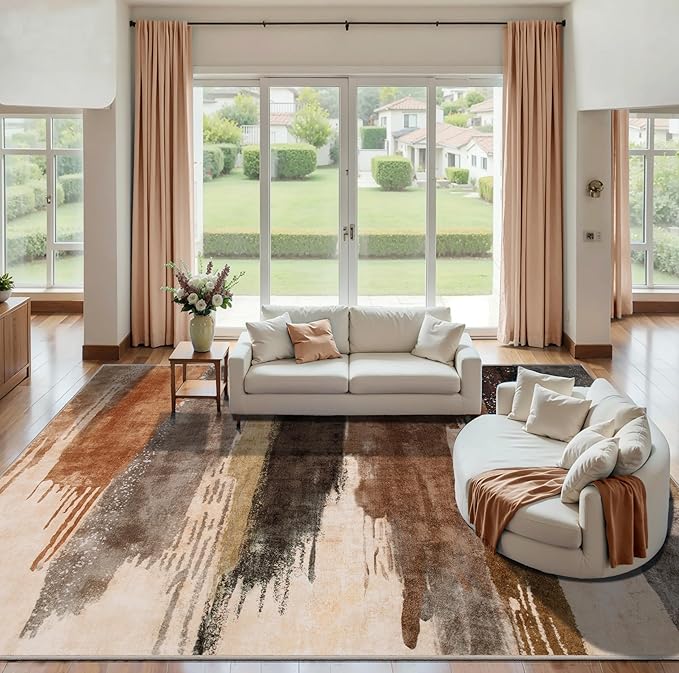 Ciicool Modern Abstract Rug for Living Room, 9'x12' Machine Washable Area Rug Non-Slip Rug, Low-Pile Contemporary Indoor Dining Floor Carpet for Bedroom Office Under Table Home Decor Brown Black