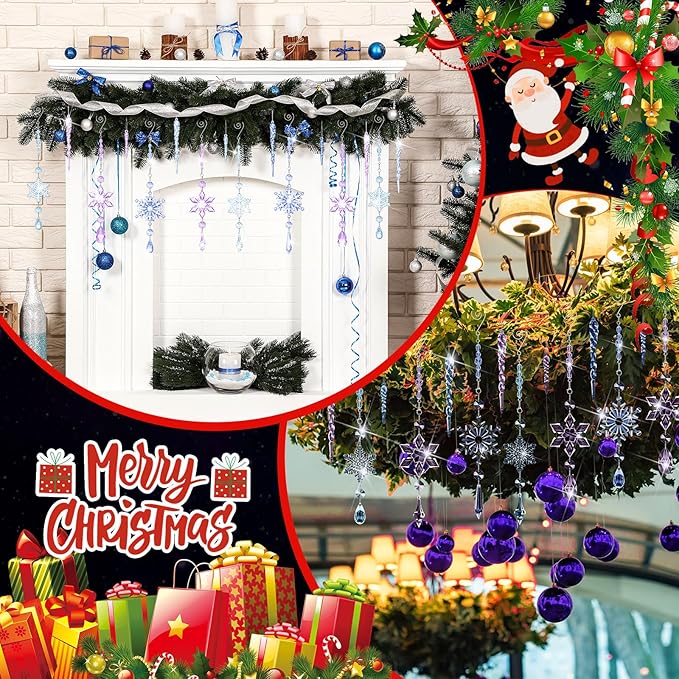 Giegxin 32 Pcs Crystal Christmas Ornaments Crystal Hanging Snowflakes Acrylic Xmas Tree Icicle Drop Decorations with Hooks for Christmas Snow Party Winter(Multicolor)