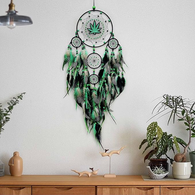 Large Green Leaf Weed Dream Catchers for Bedroom Adult Green Boho Dream Catcher Wall Decor Dorm Living Room Hanging Decoration Festival Gifts
