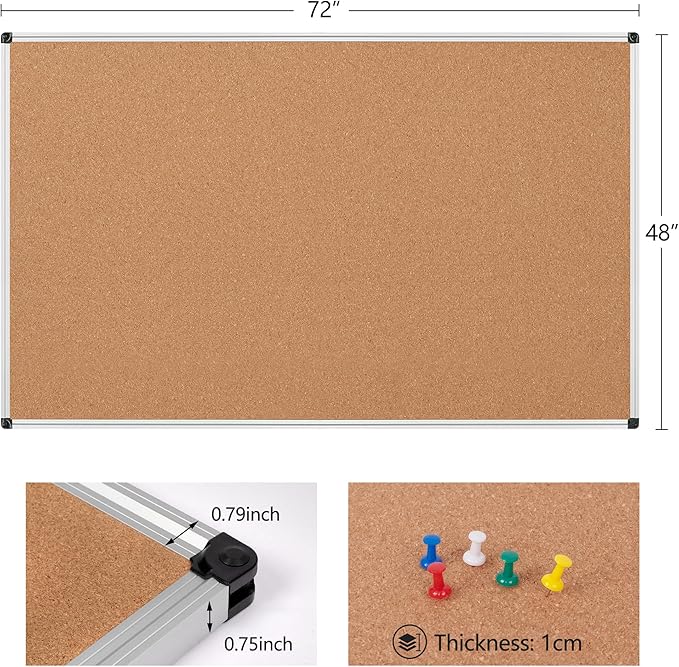 Extra Large Cork Bulletin Board 72" X 48", Silver Aluminum Framed 6'x4' Corkboard for Wall, Wall Mounted Notice Pin Board with 18 Push Pins for School, Home & Office