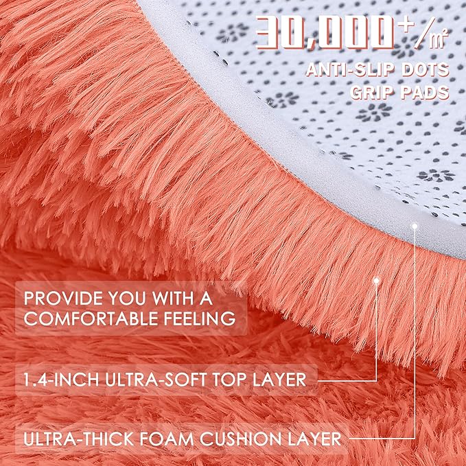 OLANLY Coral Red Round Rugs for Bedroom - Machine Washable, 5 ft Circle Area Rugs for Living Room, Soft and Fluffy Shaggy Carpet for Teen Girl and Boys, Nursery Rooms, Dorms, Home Decor Aesthetic