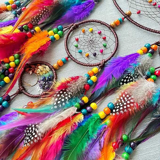 Large Dream Catchers, Handmade Woven Colorful Dream Catcher Wall Hanging, with Tree of Life Natural Healing Crystal Stone for Bedroom Wedding Party Decor, Festival Blessing Gift (Colorful)