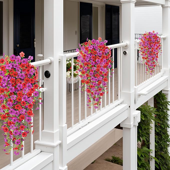 Artificial Hanging Flowers for Outdoors Fake Plants Decoration, 2 Packs Faux Silk Daisy Flower Realistic Outdoor Flowers UV Resistant Porch Patio Window Yard Indoor Spring Decor(Red Purple)