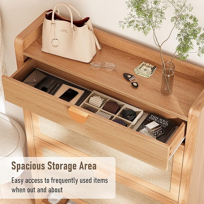 Rattan Shoe Storage Cabinet, Shoe Organizer with 2 Flip Drawers, Narrow Shoe Cabinet, Free Standing Hidden Shoe Storage, Shoe Rack for Entryway/Hallway/Closet, Natural Oak