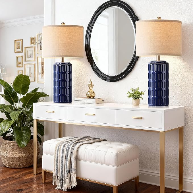 PARTPHONER 23" Farmhouse Modern Ceramic Table Lamp Set of 2 - Navy Blue Bedside Lamps for Bedroom & Living Room, Nightstand, Desk, End Table