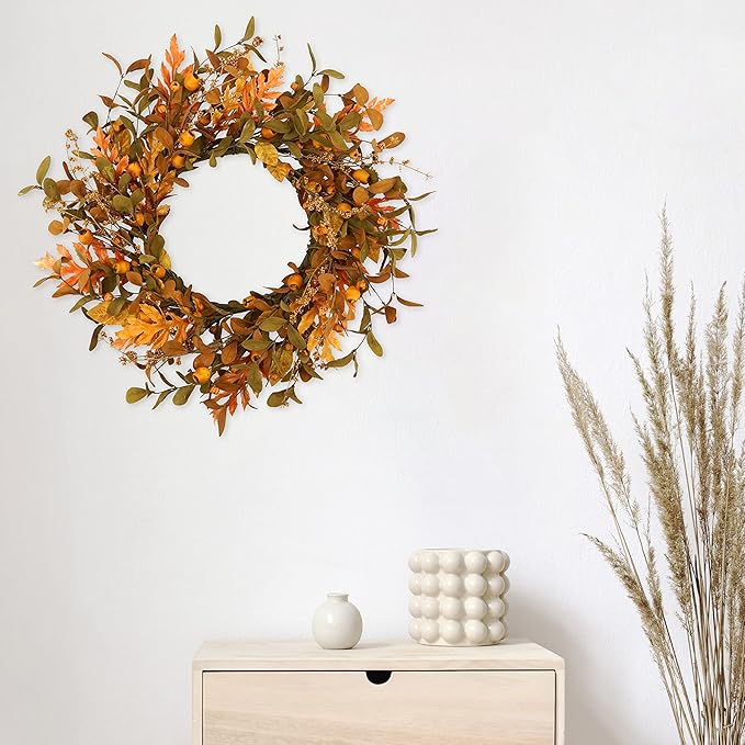 WreathDream 20'' Fall Wreath Autumn Wreath for Front Door with Small Pumpkins and Oak Leaves for Thanksgiving Halloween Home Outdoor Farmhouse Porch Wall Window Decoration,Brown Gift Box Included