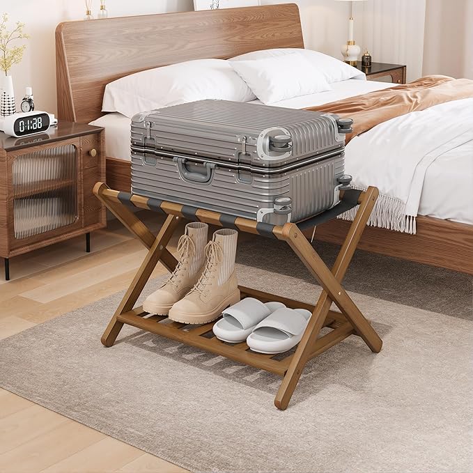 Smuxee Fully Assembled Black Walnut Luggage Rack, Upgraded Bamboo Foldable Suitcase Stand with 5 Nylon Straps, Luggage Holder with Shelf for Guest Room Bedroom Hotel