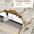VooBang Vintage Arched Bathroom Mirror, 24x36 Inch Retro Wall Mounted Vanity Mirror with Carved Pattern Top and Metal Frame, Gold Decorative Mirror for Hanging or Leaning
