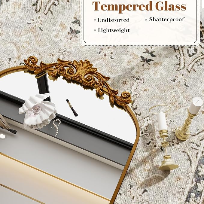 VooBang Vintage Arched Bathroom Mirror, 24x36 Inch Retro Wall Mounted Vanity Mirror with Carved Pattern Top and Metal Frame, Gold Decorative Mirror for Hanging or Leaning