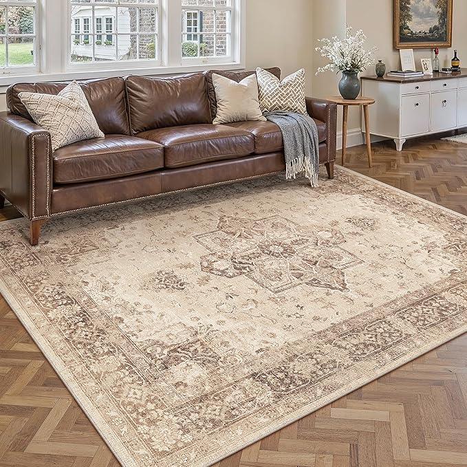 Brown 5x7 Area Rug Washable Vintage Living Room Carpet Non Slip Retro Distressed Low Pile Soft Oriental Medallion Thin Throw Rug for Kitchen Bathroom Office Bedroom Dining Room