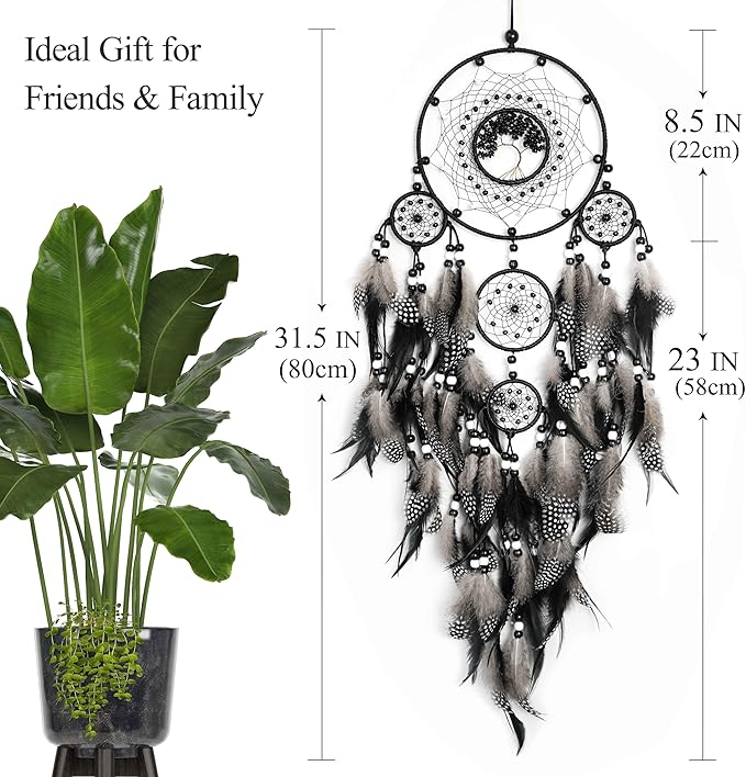 Dream Catchers,Large Dream Catchers for Bedroom Adult Black Boho Dream Catcher Tree of Life Wall Decor with Natural Healing Crystal Stone Hanging Ornament Teen Dorm Room Decor Festival Gift