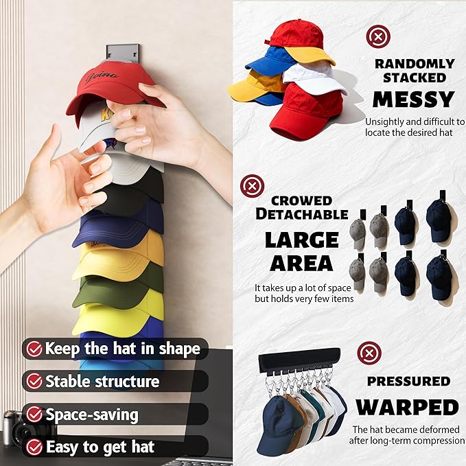 Hat Organizer Hold up to 20 Hats, 2 Pack Hat Rack for Wall with Strong Adhesive, Hat Organizer for Baseball Caps Display for Door Closet, Hat Hanger Holder Multilayer Two Mounting Option(Black)