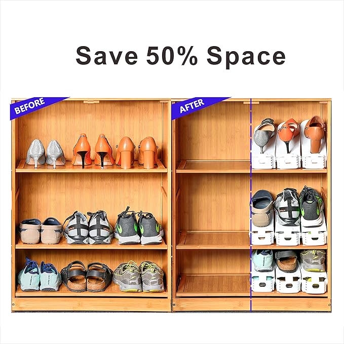 Shoe Slots Organizer, 24PCS Adjustable Double Layer Stack Shoe Rack, 50% Space-Saving Storage Rack Holder, White