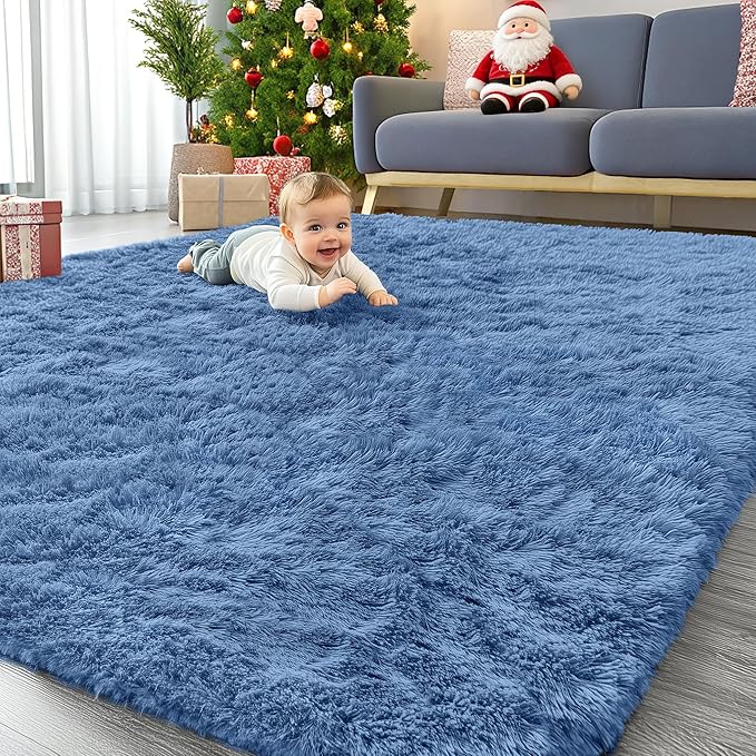 OLANLY 8x10 Machine Washable Large Area Rugs for Living Room, Bedroom, Soft Fluffy Shaggy Bedside Rug, Indoor Floor Carpet for Kids Girls and Boys, Dorms, Nursery, Home Decor Aesthetic, Blue