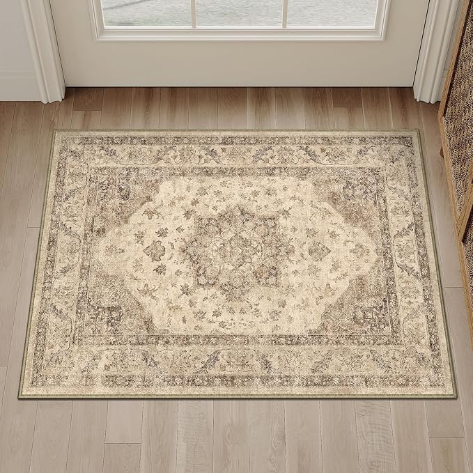 Brown Area Rug 2x3 Washable Vintage Small Carpet for Entryway Kitchen Soft Retro Low Pile Thin Door Mat Non Slip Oriental Medallion Throw Rug for Bathroom Office Bedroom Dining Room