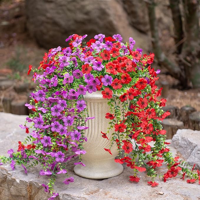 Artificial Hanging Flowers for Outdoors Fake Plants Decoration, 2 Packs Faux Silk Daisy Flower Realistic Outdoor Flowers UV Resistant Porch Patio Window Yard Indoor Spring Decor(Purple)