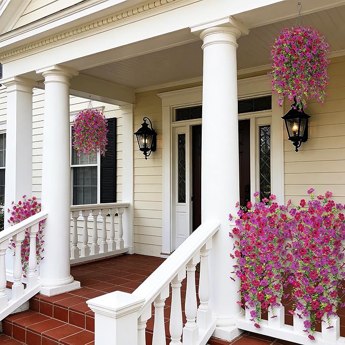2Pcs Fake Hanging Flowers for Outdoor Decoration Artificial Hanging Flowers Realistic Daisy Plants UV Resistant, Faux Silk Flower for Porch Patio Window Box Outside Decor(Fuchsia Purple)