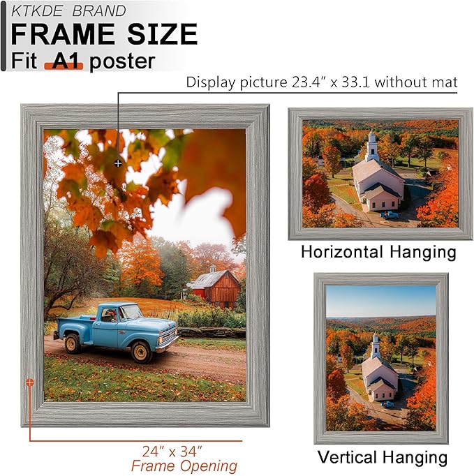 KTKDE A1 Poster Frame Set of 3, 23.4 x 33.1in Picture Frame Wooden Gray -Horizontal or Vertical Wall Hanging for Home, Exhibition, Caffe Large Frame for Photos, Posters - Art Prints best gift