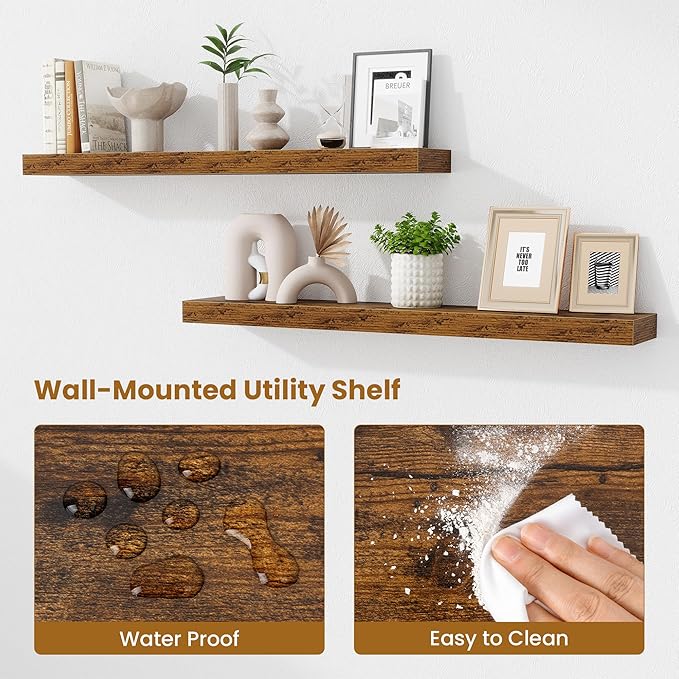 Fun Memories 40 Inch Floating Shelves, Long Wood Wall Shelf Set of 2 with Invisible Brackets, for Bathroom, Living Room, Bedroom, Kitchen, Rustic Brown