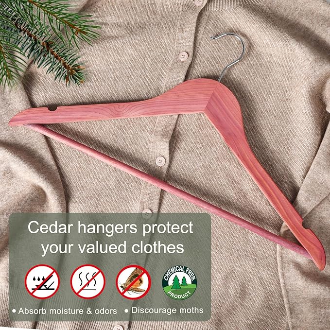TOPIA HANGER American Red Cedar Wooden Hangers 30 Pack, Clothes Hangers for Closet, Wood Suit Hangers with Smooth Cut Notches, 360°Flexible Hook, Non-Slip Pants Bar(Natural)-CT07C30