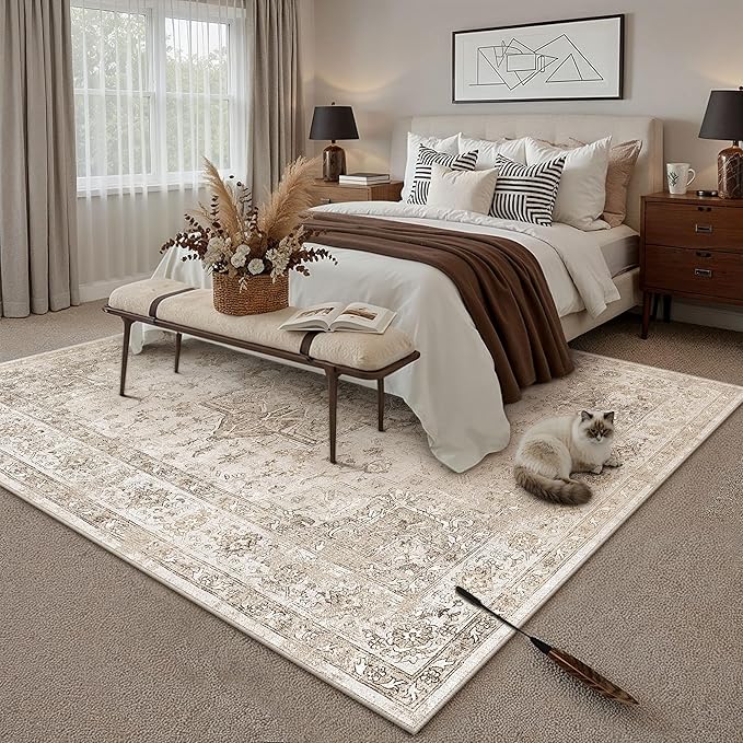 Taupe 5x7 Area Rug Washable Vintage Living Room Carpet Non Slip Retro Distressed Low Pile Soft Oriental Medallion Thin Throw Rug for Kitchen Bathroom Office Bedroom Dining Room