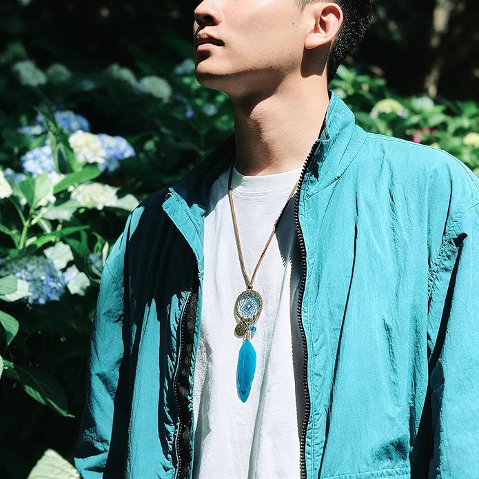 Miamor Unisex Boho Dream Catcher, Handmade Turquoise Blue Feather Pendant with Adjustable Leather Cord