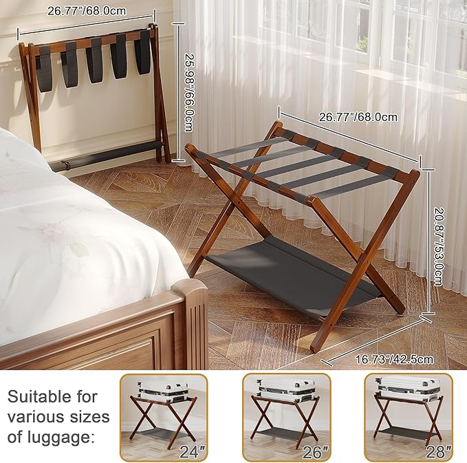 2 Pack Bamboo Luggage Rack for Guest Room, 26.77" Folding Wide Suitcase Stand with Fabric Storage Shelf, Thickened Luggage Stand Holder for Bedroom Hotel, Luggage Rack for Suitcases (2 Pack - Brown)