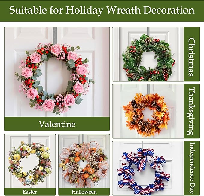 2 Pack Wreath Hangers for Front Door,12 Inch Wreath Hanger Hook for Front Porch Decor,Metal Over The Door Hooks Hanger for Halloween Fall Christmas Decorations Outdoor Indoor Home Decor,Silver
